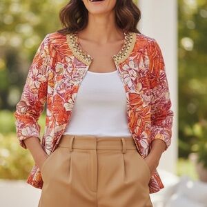 Ruby Rd. Island tropical Jacket Petite Size 16 beaded floral orange pink